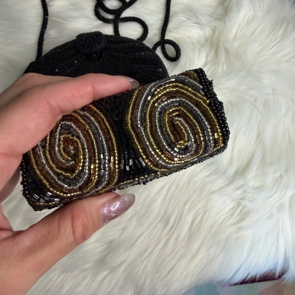 Vintage -‎ Black Beaded Small Purse with Lipstick Holder